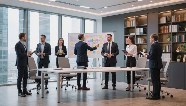 Équipe en atelier de team-building de travail autour de la cohésion et de la collaboration