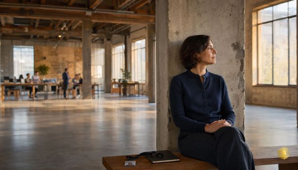 Collaboratrice assise à l’écart de ses collègues dans un espace de travail, illustrant le désengagement au travail.