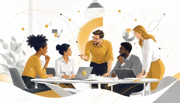 Illustration d’une équipe en situation de coopération, montrant une dynamique d’équipe positive, la circulation des idées et la performance collective.