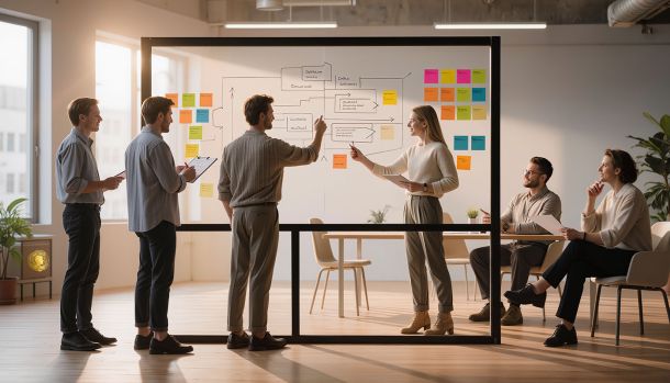 Équipe en atelier de travail collaboratif pour renforcer la cohésion selon la maturité du collectif