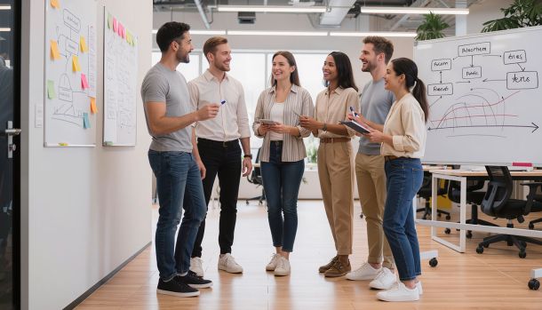 Illustration d’une équipe en situation d’échange autour du travail réel, dans une démarche de coopération, de régulation collective et de dynamique d’équipe.