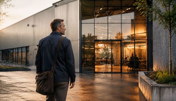 n collaborateur se dirige vers son entreprise au début de la journée. Cette scène symbolise l’engagement comme une démarche personnelle, soutenue par un environnement professionnel favorable.